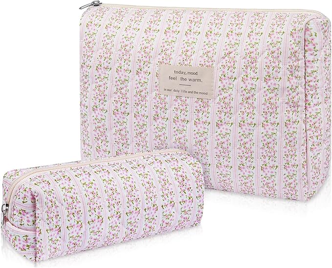 2PC Makeup Bag Set, Cute Cosmetic Bag for Women Girls, Floral Coquette Aesthetic Toiletry Bag, Travel Make Up Organizer Bag (Pink Floral)