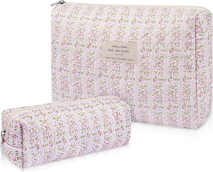 2PC Makeup Bag Set, Cute Cosmetic Bag for Women Girls, Floral Coquette Aesthetic Toiletry Bag, Travel Make Up Organizer Bag (Pink Floral)