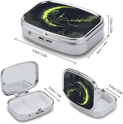 Metal 2 Compartment Pill Organizer Travel Friendly Portable Compact Pill Box Cute Pill Case,for Pocket Wallets Daily Portable Medicine Vitamin Tablet Storage (The Skull on The Moon)