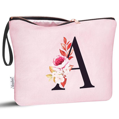 Vavabox A-Z Personalized Makeup Bag, Birthday Gifts for Women Mom, Gifts for Best Friend, Bride Bridesmaid Cosmetic bag (A, Pink)