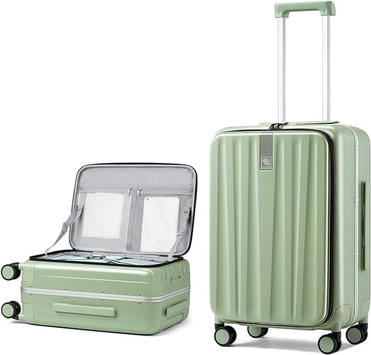 Hanke 24 Inch Checked Luggage PC Hard Shell luggage Top Opening Aluminum Frame Travel Luggage Suitcases with Wheels for Woman Men.(Bamboo Green)
