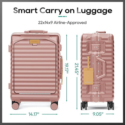 Joyway 20 Inch Carry on Luggage with Aluminium Frame and Front Pocket, PC Hardshell Suitcase with USB Port and Cup Holder, 21.5x14.2x9 Airline Approved, Luggage with Spinner Wheel TSA Lock(Rose Gold)