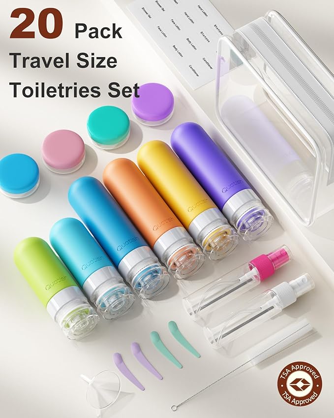 Quatish 20 Pack Travel Bottles for Toiletries, Original Patented, TSA Approved Travel Size Containers, Leak Proof Silicone Shampoo and Conditioner Bottles Women & Men, Airplane Essentials, Multi
