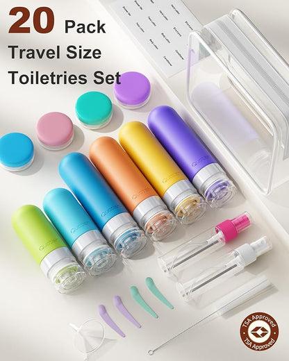 Quatish 20 Pack Travel Bottles for Toiletries, Original Patented, TSA Approved Travel Size Containers, Leak Proof Silicone Shampoo and Conditioner Bottles Women & Men, Airplane Essentials, Multi