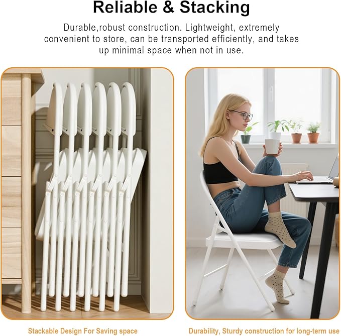 18 Pack White Folding Chairs with Padded Cushion for Outside, Portable Stackable Commercial Metal Foldable Chairs with Steel Frame for Home Events Office Wedding Party, 350lbs Capacity