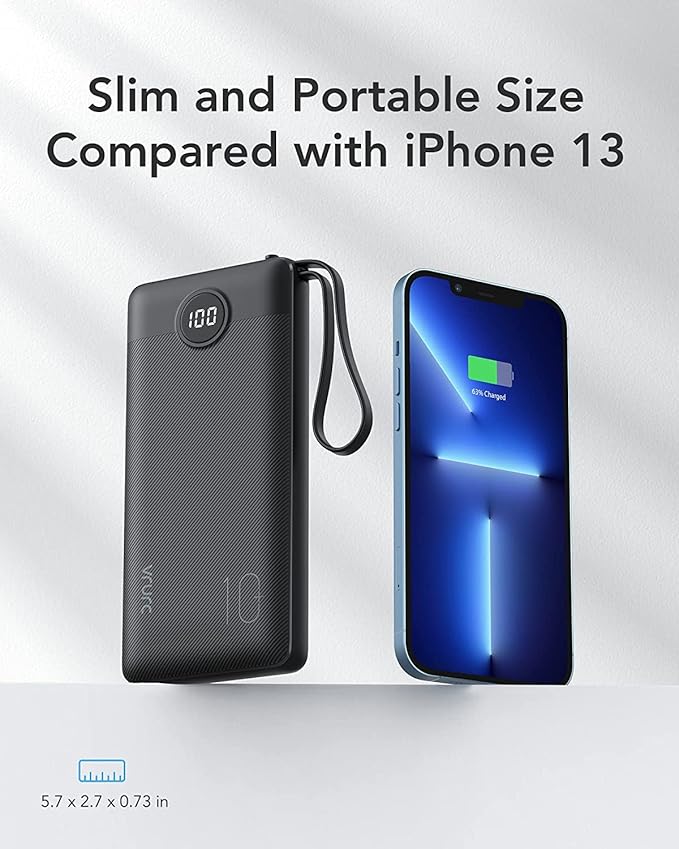 VRURC Portable Charger with Built in Cables, Slim Power Bank 10000mAh, USB C Battery Pack Travel Essential, 5 Outputs 2 Inputs Phone Charging Bank for iPhone 16 15 14 13,Samsung,Android-Black(1 Pack)