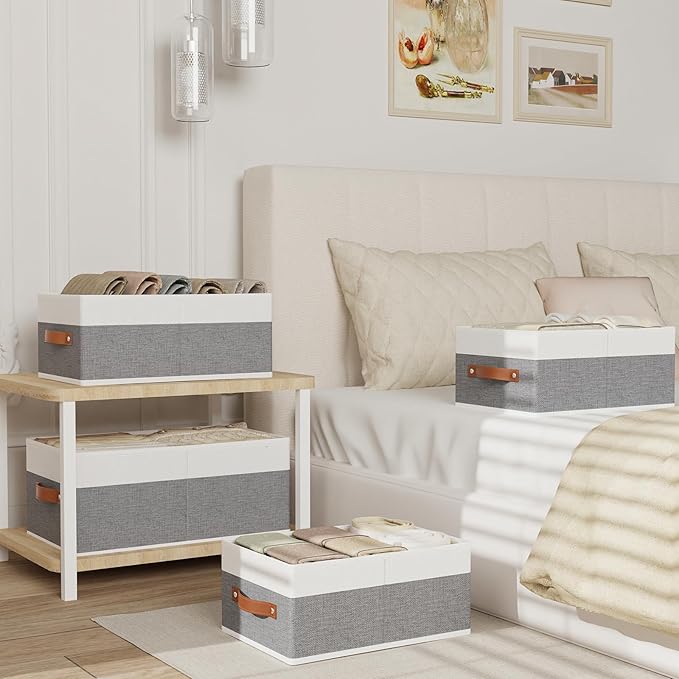 Storage Bins, 16.1 × 9.8 × 6.5 Inch Storage Cubes with Handles, Closet Organizers for Organizing Shelves, White and Grey, 6-Pack