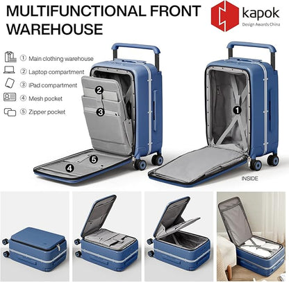 mixi Carry On Luggage Wide Handle Luxury Design Rolling Travel Suitcase PC Hardside with Aluminum Frame Hollow Spinner Wheels, with Cover, 20 inch, Sapphire Blue