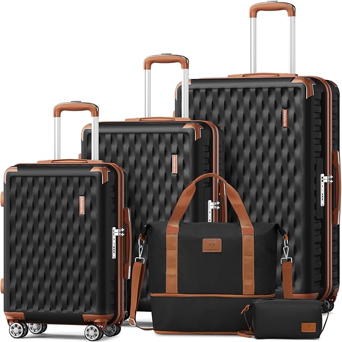 Melalenia Luggage Sets 5 Piece with Duffel Bag, Hard Shell Carry on Suitcase with Spinner Wheels and TSA Lock, Travel Lightweight Luggage Set for Women, Black Brown