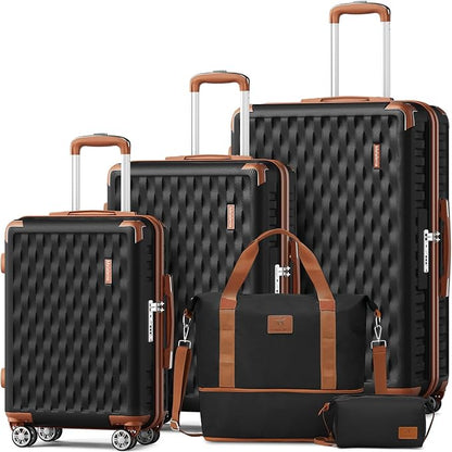 Melalenia Luggage Sets 5 Piece with Duffel Bag, Hard Shell Carry on Suitcase with Spinner Wheels and TSA Lock, Travel Lightweight Luggage Set for Women, Black Brown