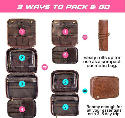 ORYG Customizable 3-in-1 Hanging Toiletry Bag - PU Leather Initial Engraving Storage Pouch - Ideal Gift for Dad, Husband, or Boyfriend (Reddish brown)