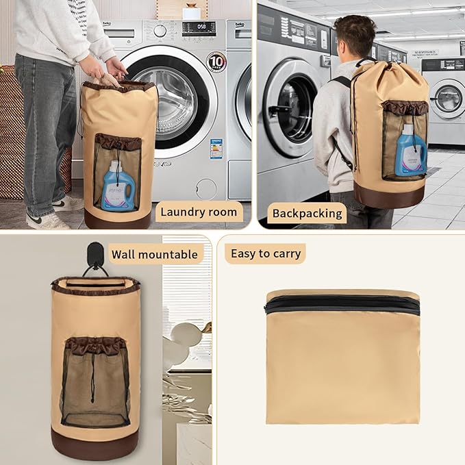 Laundry Bag Backpack with Shoulder Straps and Mesh Pocket Foldable Clothes Hamper Bag with Drawstring Closure for College, Apartment, Laundromat (Brown)
