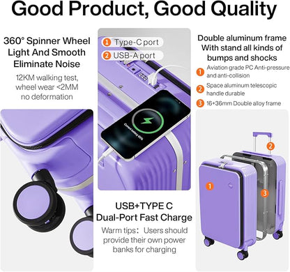 mixi Large Checked Luggage with Cup Phone Holder and Charger Hard Shell Suitcases with Spinner Wheels, 26 Inch Lilac Purple