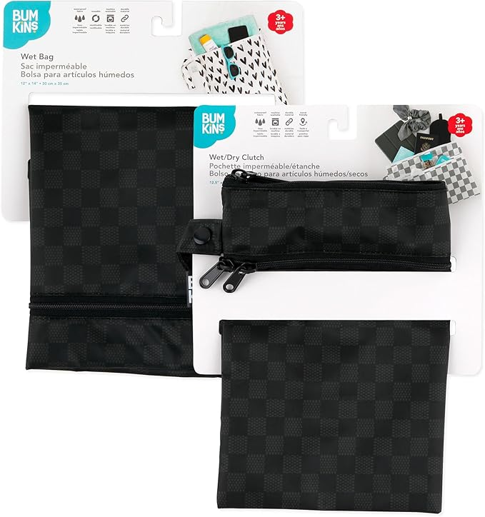 Bumkins - Waterproof Wet Bag & Wet/Dry Clutch Bags - For Beach, Baby, Travel, Swim Suit, Cloth Diapers, Pump Parts, Pool, Gym, Toiletries - Reusable & Easy to Clean - Black Check - 2 Pack