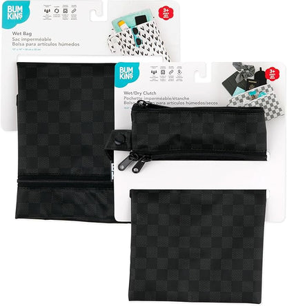 Bumkins - Waterproof Wet Bag & Wet/Dry Clutch Bags - For Beach, Baby, Travel, Swim Suit, Cloth Diapers, Pump Parts, Pool, Gym, Toiletries - Reusable & Easy to Clean - Black Check - 2 Pack