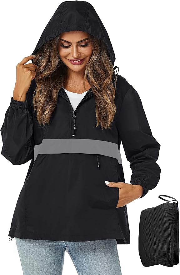 Avoogue Womens Rain Jacket with Hood,Pullover,Packable,Lightweight,Windbreaker,Waterproof,Breathable.