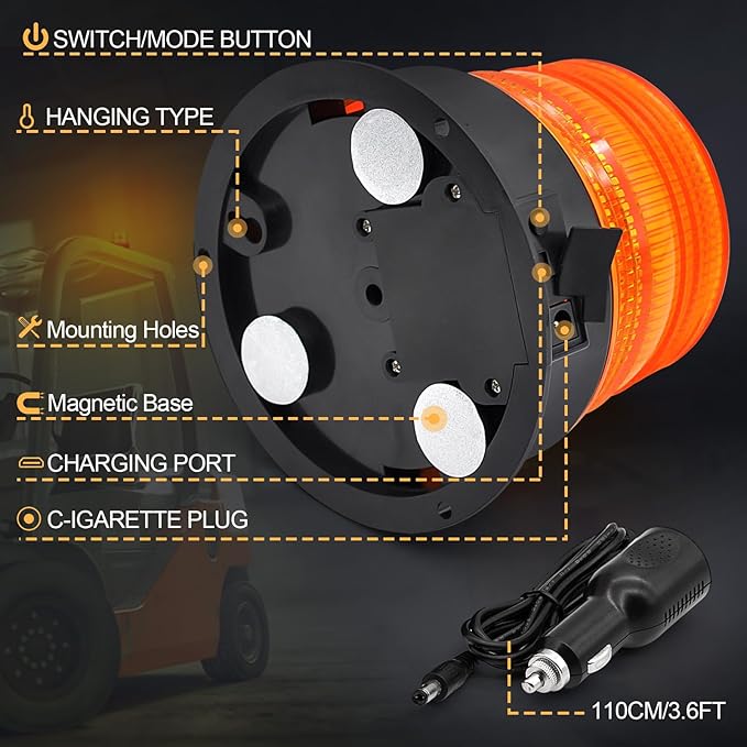 Magnetic Wireless Beacon Light, Amber Rechargeable Strobe Lights for Trucks, Waterproof Flashing Emergency Safety Warning Light for Construction Vehicles Snowplow Tow Work Trucks Postal Mail Cars