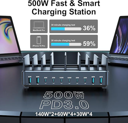 chipofy 500W Charging Station for Multiple Devices, 10-Port Multi USB C Fast Charger Station with Organizer Stand for MacBook Laptop, iPad, iPhone 17 16 Pro Max, Galaxy S25/S24 and More