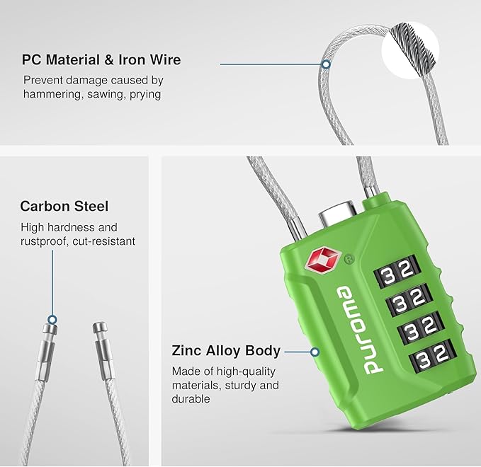 Puroma 2 Pack TSA Approved Luggage Locks, 4 Digit Combination Travel Locks Resettable Code Lock with Zinc Alloy Body for Suitcase, Toolbox, Backpack, Bag, Gym Locker (Basic Green)