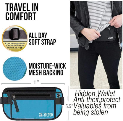 Money Belt for Travel - Hidden Travel Pouch Protect Your Credit and Money With RFID Blocking Passport Holder Waist Wallet (Blue)
