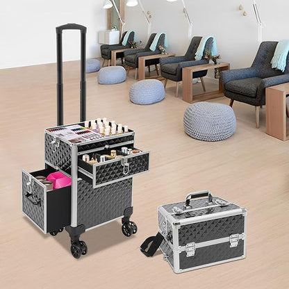Beauty Luggage Rolling Lockable Makeup Train Case Stylist Cosmetic Luggage Travel Organizer with Hair Dryer Holder & Compartment