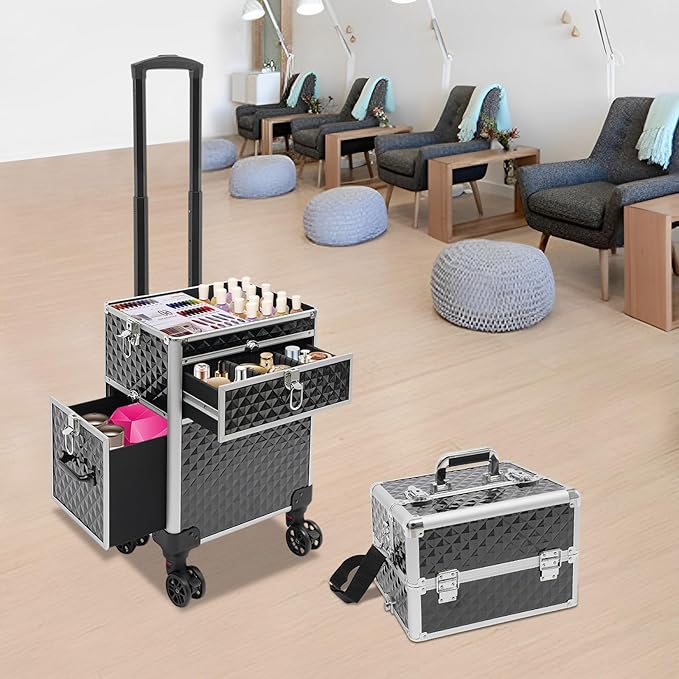 Makeup Train Case With 360° Rotation Wheels Multi-Functional Cosmetic Trolley with Drawer Large Storage Traveling Cart Trunk Black for Nail Technicians Hairstylist