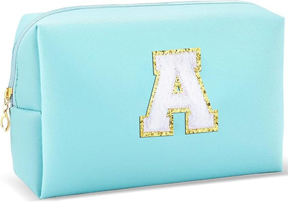Gifts for Girls Initial Makeup Bag Personalized Cosmetic Bag with Zipper Cute Travel Toiletry Bag Waterproof PU Preppy Makeup Pouch Birthday Gift for Teen Girls Women(Blue A)