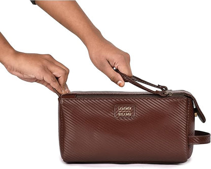 LEATHER VILLAGE Premium Carbon Fiber Genuine Leather Travel Toiletry Bag - Large Dopp Kit, Water-Resistance Bathroom & Shaving Organizer for Men & Women - Brown