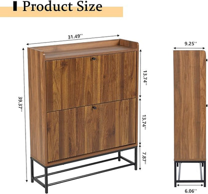 RARZOE Fluted Shoe Cabinet for Entryway with 2 Flip Drawers, Narrow Wood Shoe Cabinet with Fluted Panel, Slim Hidden Shoe Organizer Closed Shoe Rack with Metal Legs for Foyer,Hallway(31.5''Walnut)