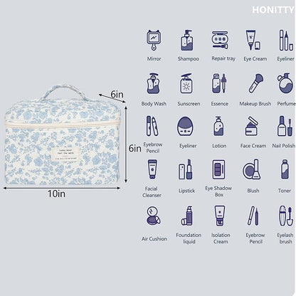 Makeup Bag,Quilted Cosmetic Bags,Large Floral Make Up Bags for Women, Makeup Organize,Flower Travel Toiletry Bag