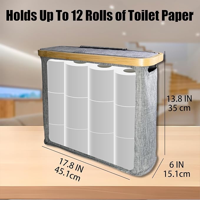 Toilet Paper Roll Storage, Bathroom Slim Toilet Paper Storage with Lid for 12 Rolls, Ultimate Bathroom Organizer with Anti-Slip Base, 17.8" x 6" x 13.8", Grey