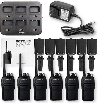 Retevis RT21 2 Way Radio Long Range, Walkie Talkies for Adults, Heavy Duty Rechargeable Two Way Radios with Six-Way Charger, for Manufacturing Education(6 Pack)