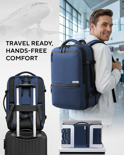 Dinictis Vacuum Seal Travel Backpack 60L Built-in Pump, Expandable Backpack with Vacuum Compression Fits 17 inch Laptop, Water Resistant Carry On Suitcase Luggage for Short Trip and Business-Blue