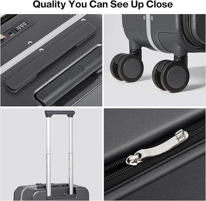 mixi 14 Inch Underseat Carry On Luggage PC Hard Shell Suitcase Top Opening Aluminum Frame Travel Suitcases with Wheels, Rock Gray