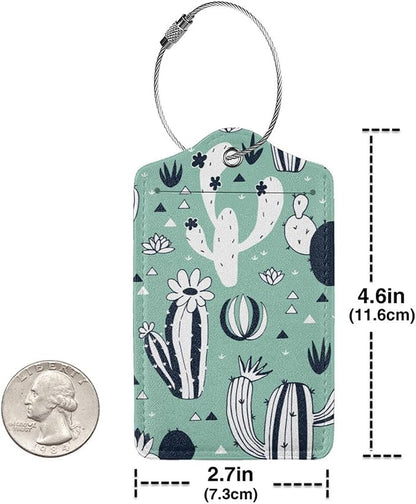 2 Pack Cute Cactus Green Suitcase Tags Identifiers Unique Leather Luggage Tags with Stainless Steel Loop Privacy Cover ID Label for Women Men Girls Boys Travel