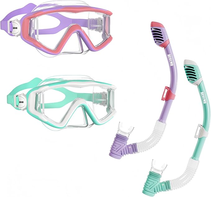 Aegend Snorkeling Gear for Adults Youth Kids, Dry Snorkel Set Panoramic View Enhanced Anti-Leak and Anti-Fog Technology, Adjustable Strap for Snorkeling Scuba Diving Swimming with Mesh Bag