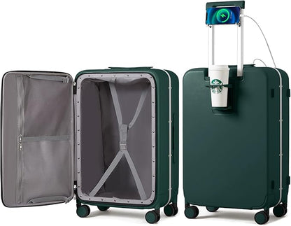 mixi Large Checked Luggage with Cup Phone Holder and Charger Hard Shell Suitcases with Spinner Wheels, 26 Inch Blackish Green