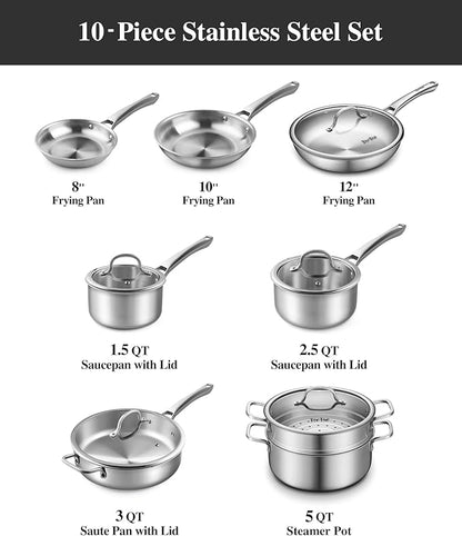 Stainless Steel Cookware Set,Tir-Ply Pots and Pans Set,13 Pcs Stainless Steel Induction Kitchen Cookware Sets,PFOA Free, Frying Pans,Saucepans,Saute Pan & Stock Tagine Pot,Compatible with All Cooktops