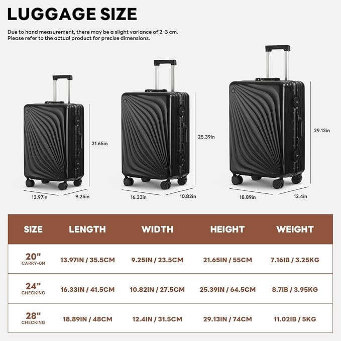 3-Piece Hardside Luggage Sets Aluminum Frame, 20+24+28 Inch Suitcases with USB Charging Port, Foldable Cup Holder, TSA Locks & Spinner Wheels for Travel, Black