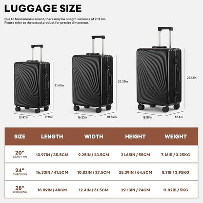 3-Piece Hardside Luggage Sets Aluminum Frame, 20+24+28 Inch Suitcases with USB Charging Port, Foldable Cup Holder, TSA Locks & Spinner Wheels for Travel, Black