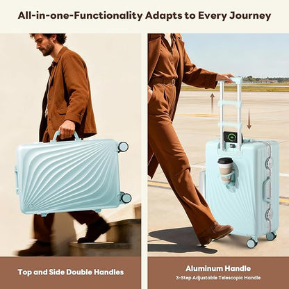 3-Piece Hardside Luggage Sets Aluminum Frame, 20+24+28 Inch Suitcases with USB Charging Port, Foldable Cup Holder, TSA Locks & Spinner Wheels for Travel, Mint Green