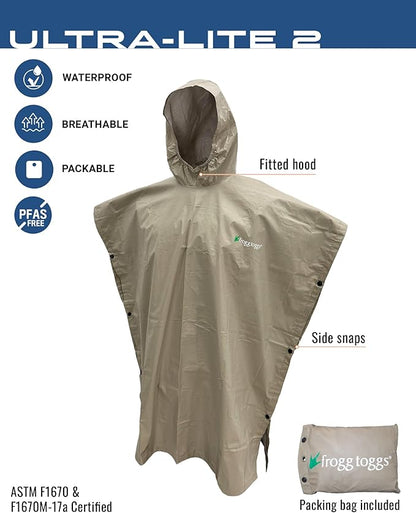 FROGG TOGGS Ultra-lite2 Waterproof, Breathable Rain Poncho, Adult and Youth Sizes