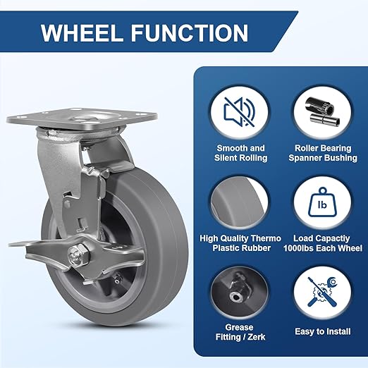 6"x2" Rubber Wheels (Flat Tread)- Heavy Duty Casters, Industrial Caster Wheels- Set of 4 with up to 4000 LB Capacity- Use for Dollies, Workbench(4 Brake)