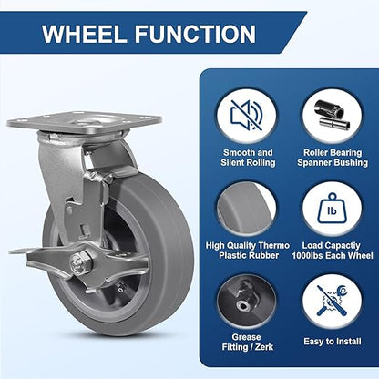 6"x2" Rubber Wheels (Flat Tread)- Heavy Duty Casters, Industrial Caster Wheels- Set of 4 with up to 4000 LB Capacity- Use for Dollies, Workbench(4 Brake)
