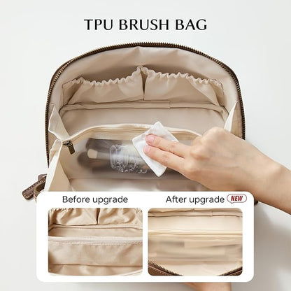 EACHY Travel Makeup Bag, Faux Suede Cosmetic Bags for Women,Large Capacity Portable Pouch Open Flat Toiletry Bag Make up Organizer with Divider and Handle