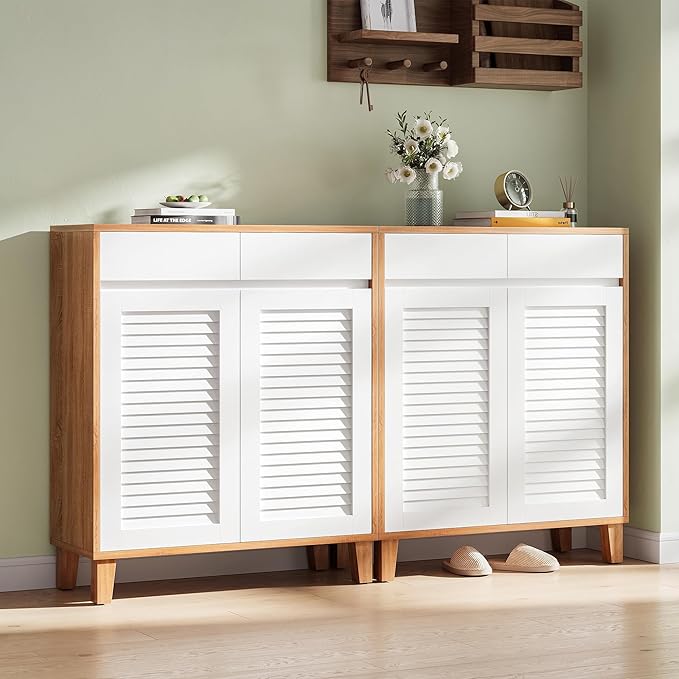 4-Tier Shoe Storage Cabinet with Drawer & Adjustable Shelves, Wooden Shoe Organizer Rack with Louvered Doors for Entryway, Hallway, Closet, Living Room(White/Brown)