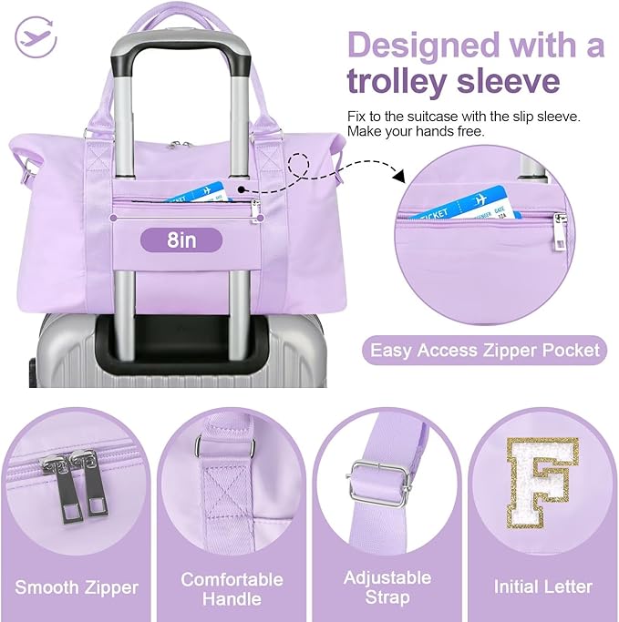 Dance Gym Duffel Bag for Teen Girls, Personalized Initial Travel Weekender Bag,Cute Overnight Carry On Duffle for Women,Sports Travel Cheer Bag,Monogram Christmas Gifts for Tween Preppy(purple-F)