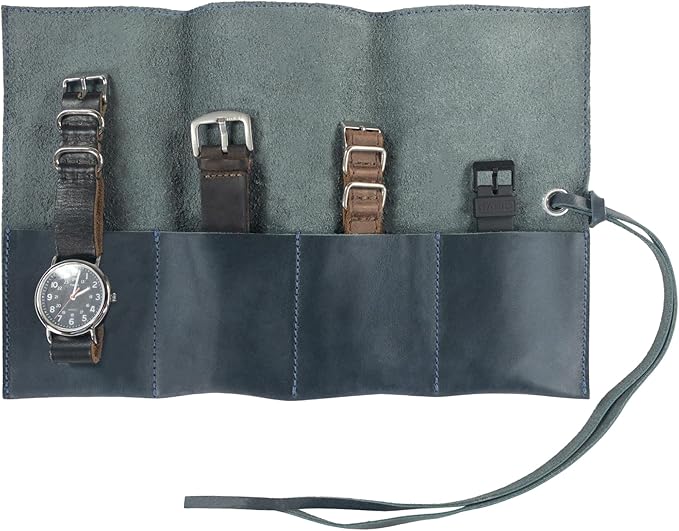 Hide & Drink, Leather Watch Roll Organizer Handmade from Full Grain Leather, Holds Up to 4 Watches, Easy Carry On Watchlover Storage (Slate Blue)
