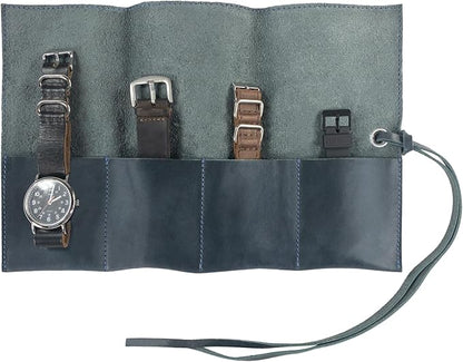Hide & Drink, Leather Watch Roll Organizer Handmade from Full Grain Leather, Holds Up to 4 Watches, Easy Carry On Watchlover Storage (Slate Blue)
