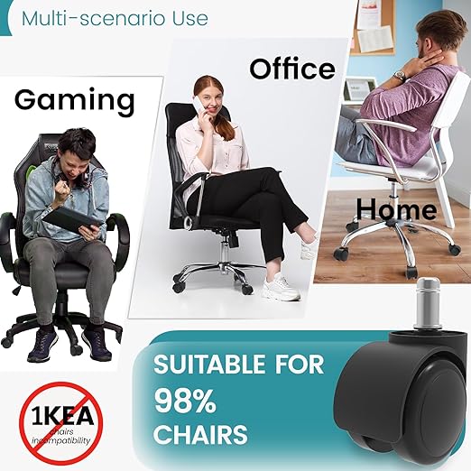 2 Inch Office Desk Chair Wheels Replacement, Computer Gaming Casters for Carpet Stem 7/16-7/8, Set of 5 for Furniture Hardwood Hard Floors Chair Castors Tile Smooth Safe Quiet Rolling 880 LB, Black